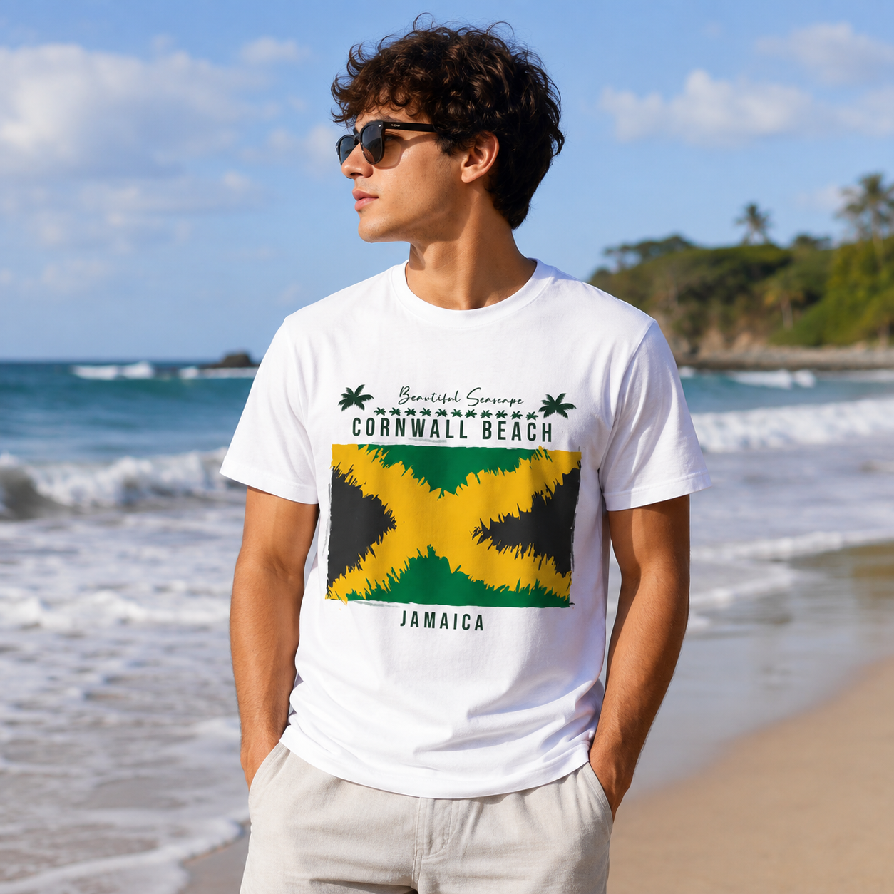Cornwall Beach Jamaica Flag Printed T-Shirt
